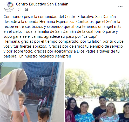 Tristeza por la muerte de la hermana Esperanza por Coronavirus
