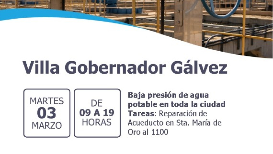 Aguas Santafesinas realizará trabajos en V.G.Gálvez y habrá baja presión de agua