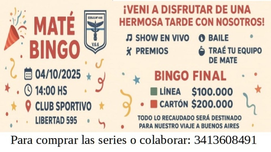 Estudiantes de la Escuela Perito Moreno organizan un Mate Bingo para recaudar fondos de su viaje de estudios